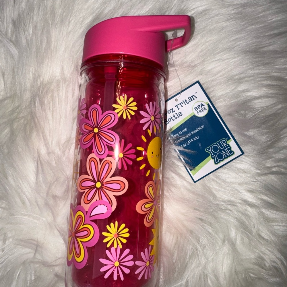 Pink Floral Tritan Water Bottle with Straw